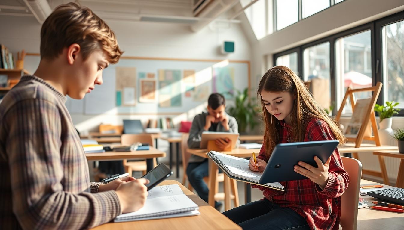 Students studying together in modern classroom